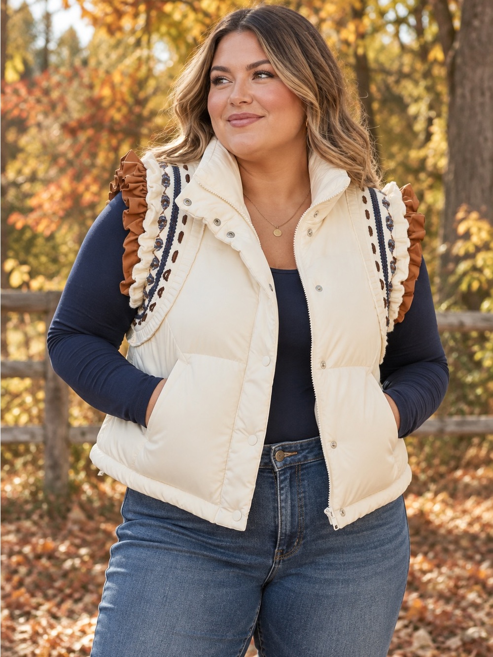 “Heyson Ivory Puffer Vest with Ruffle Knit Trim | Plus Size